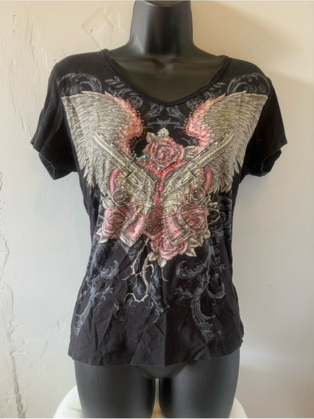 Affliction Black V-Neck Tee with Winged Guns & Pink Rose Graphic